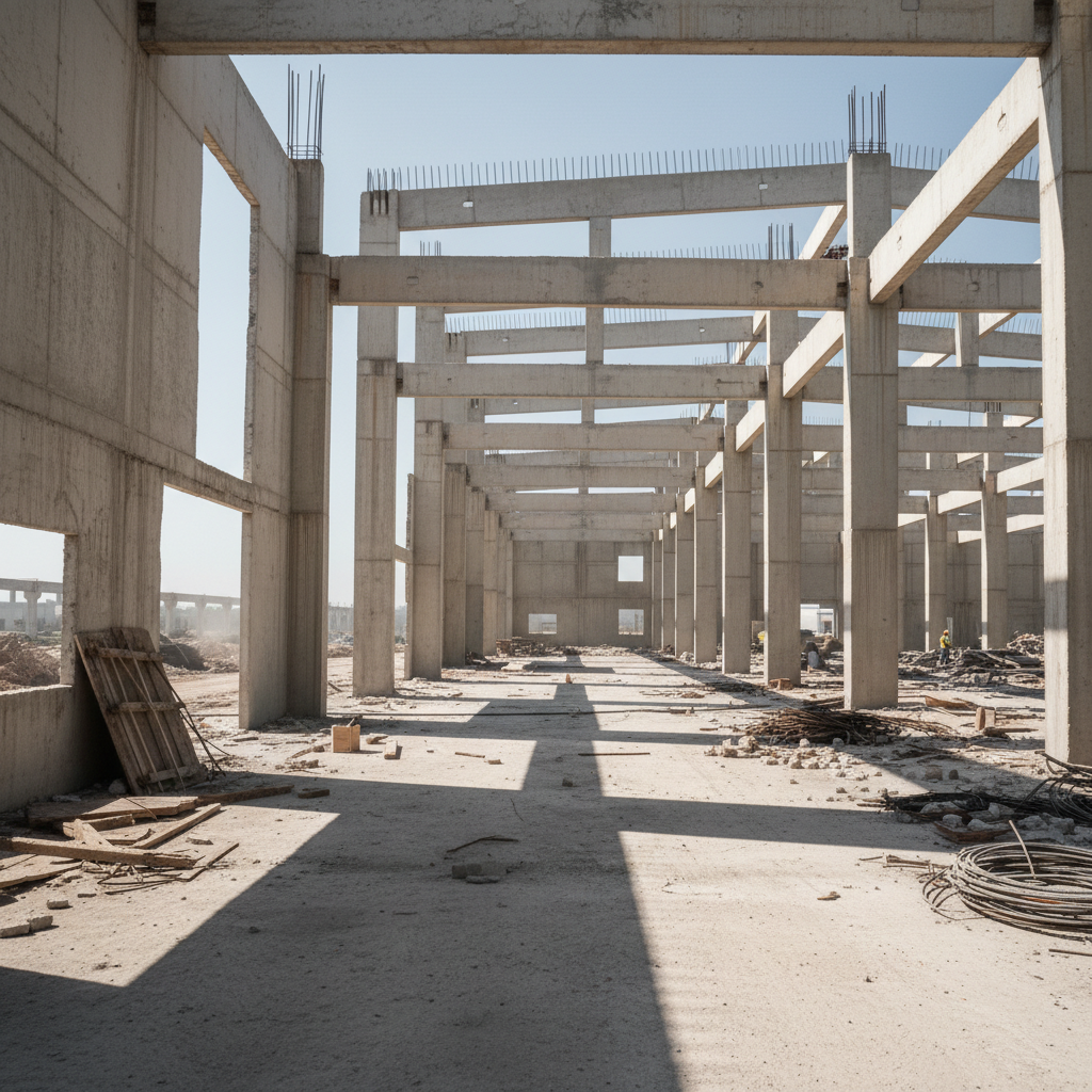 Before: Raw concrete warehouse shell with exposed rebar, unfinished walls, and construction debris
