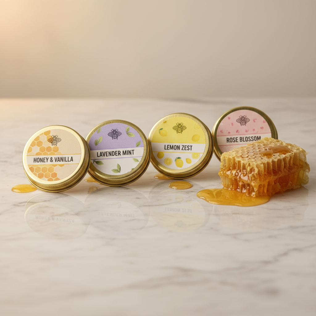 Balm tin with beeswax and honey comb on warm wooden surface — earthy natural tones, organic aesthetic