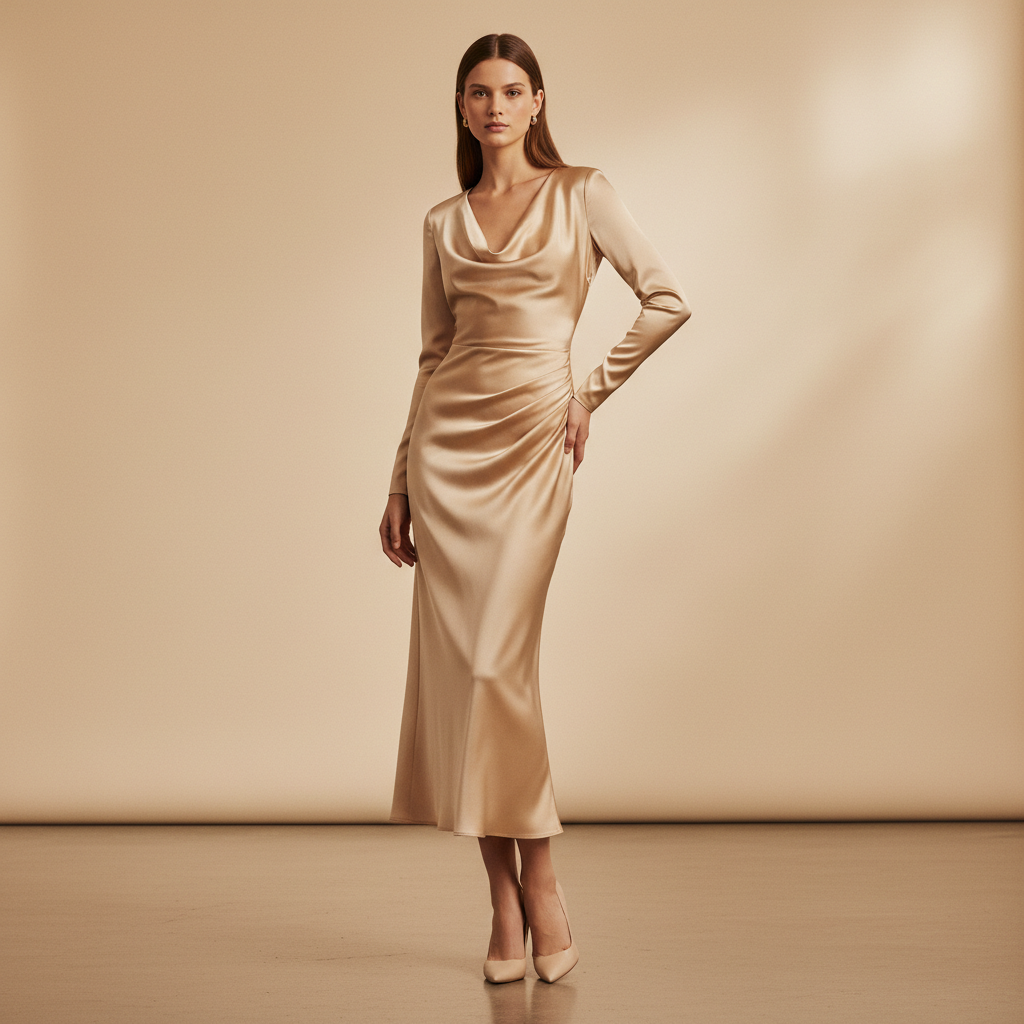 Silk bias-cut midi dress in champagne color on model, bright studio, clean white background