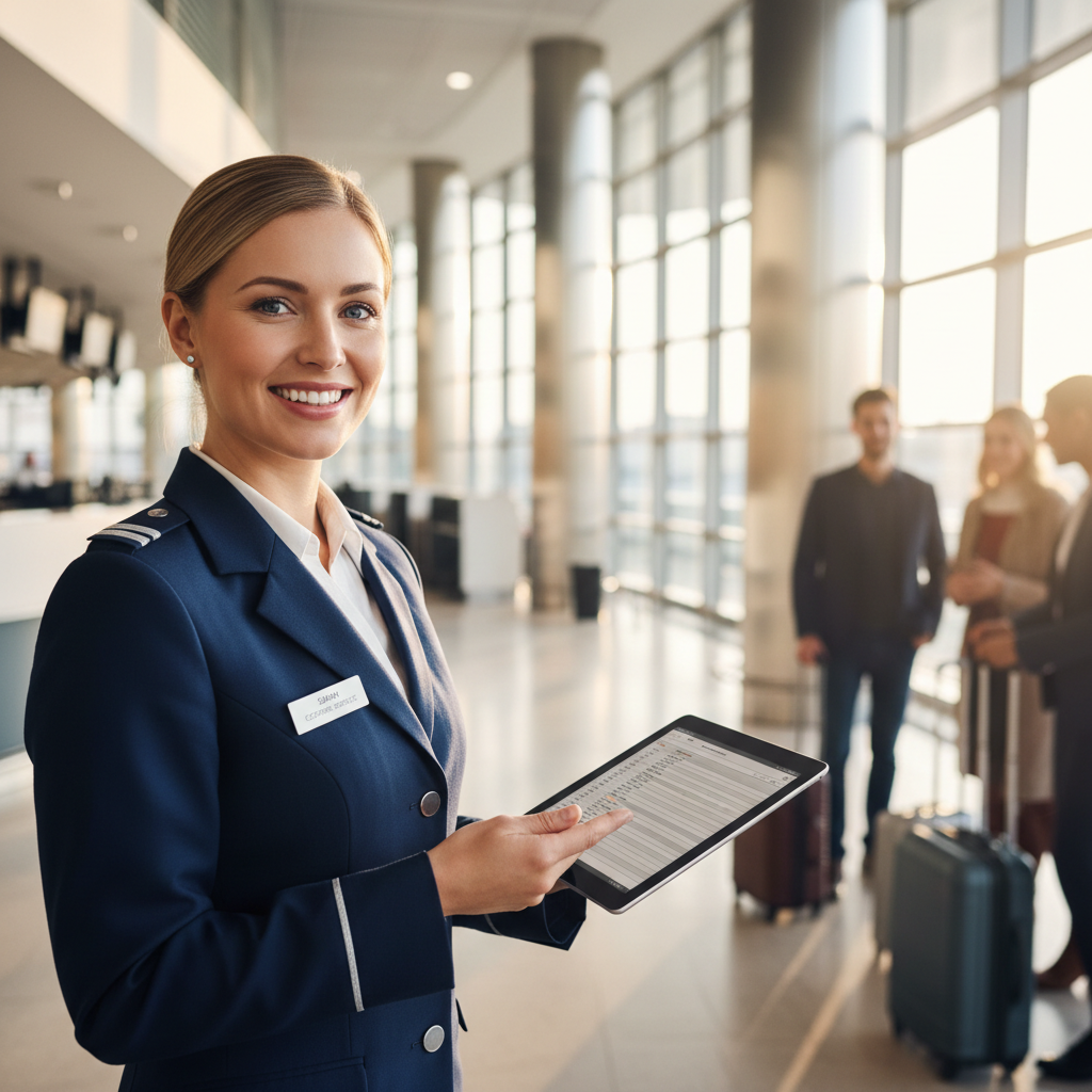 Airport ticketing agent at check-in counter assisting passenger, bright white terminal, professional service setting