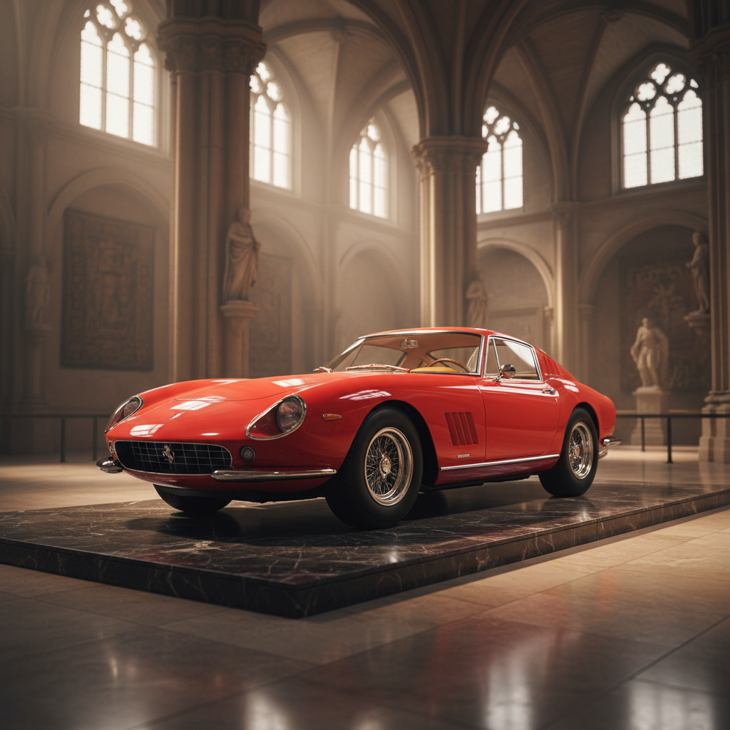 1966 Ferrari 275 GTB in concours condition under cathedral gallery lighting with amber spots