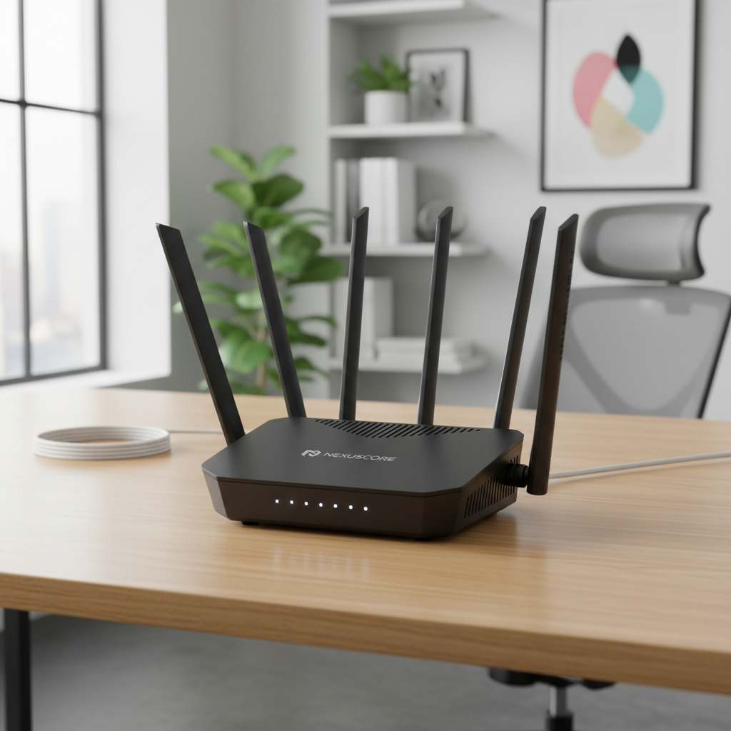Mesh WiFi router on clean desk, minimal white and dark aesthetic, soft directional lighting