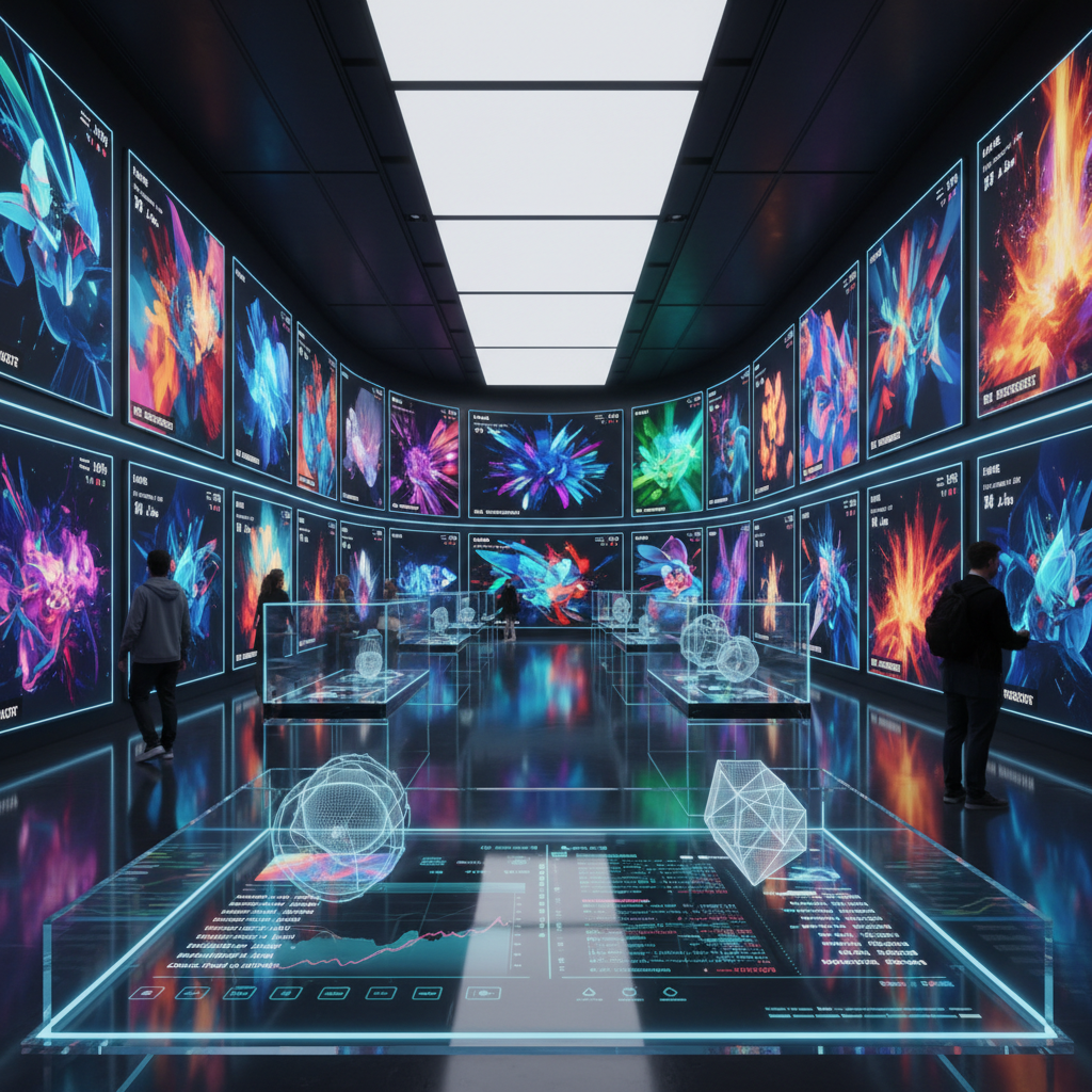 NFT marketplace gallery showing digital art collection with colorful abstract pieces and trading interface
