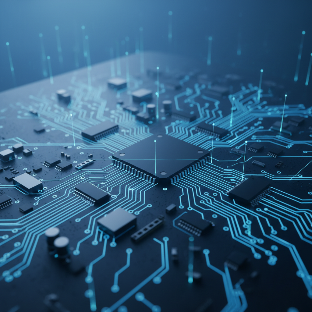 Circuito electrónico de automatización industrial con luces azules, tecnología de control avanzada