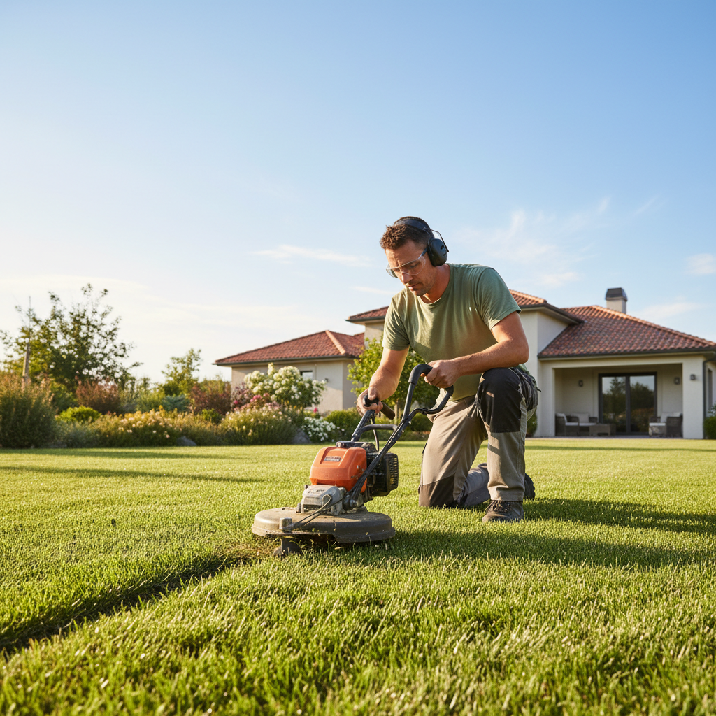 Lawn care professional carefully edging a residential lawn on a bright sunny day, dark green grass, clean property, Bolton Ontario neighbourhood