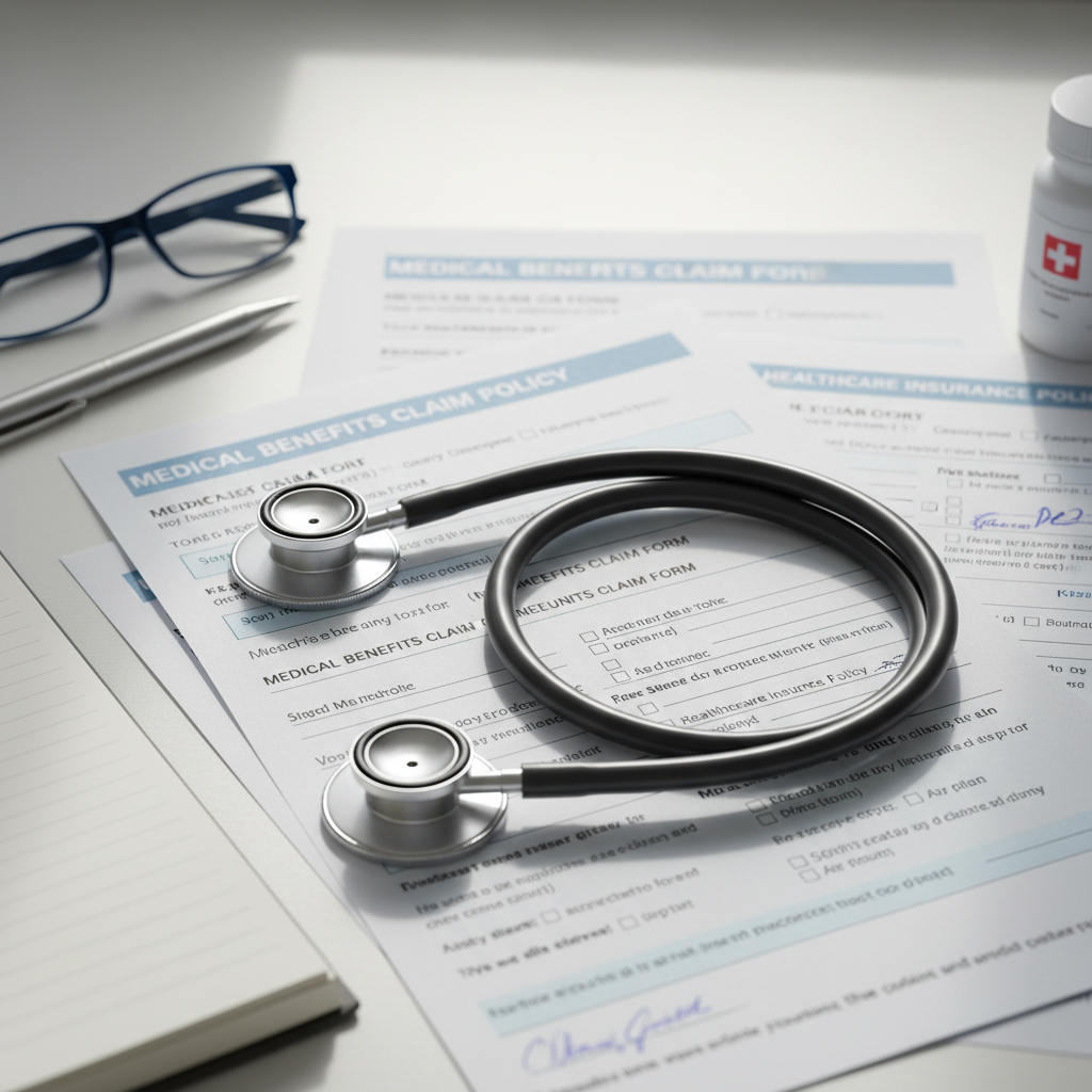 Stethoscope coiled beside medical insurance paperwork on a table