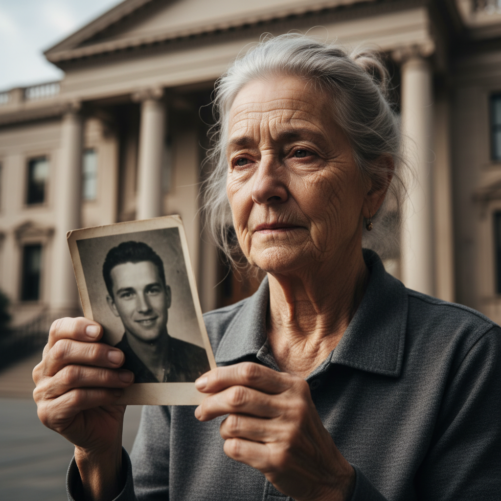 Elderly woman holding a photograph of a missing family member outside a courthouse