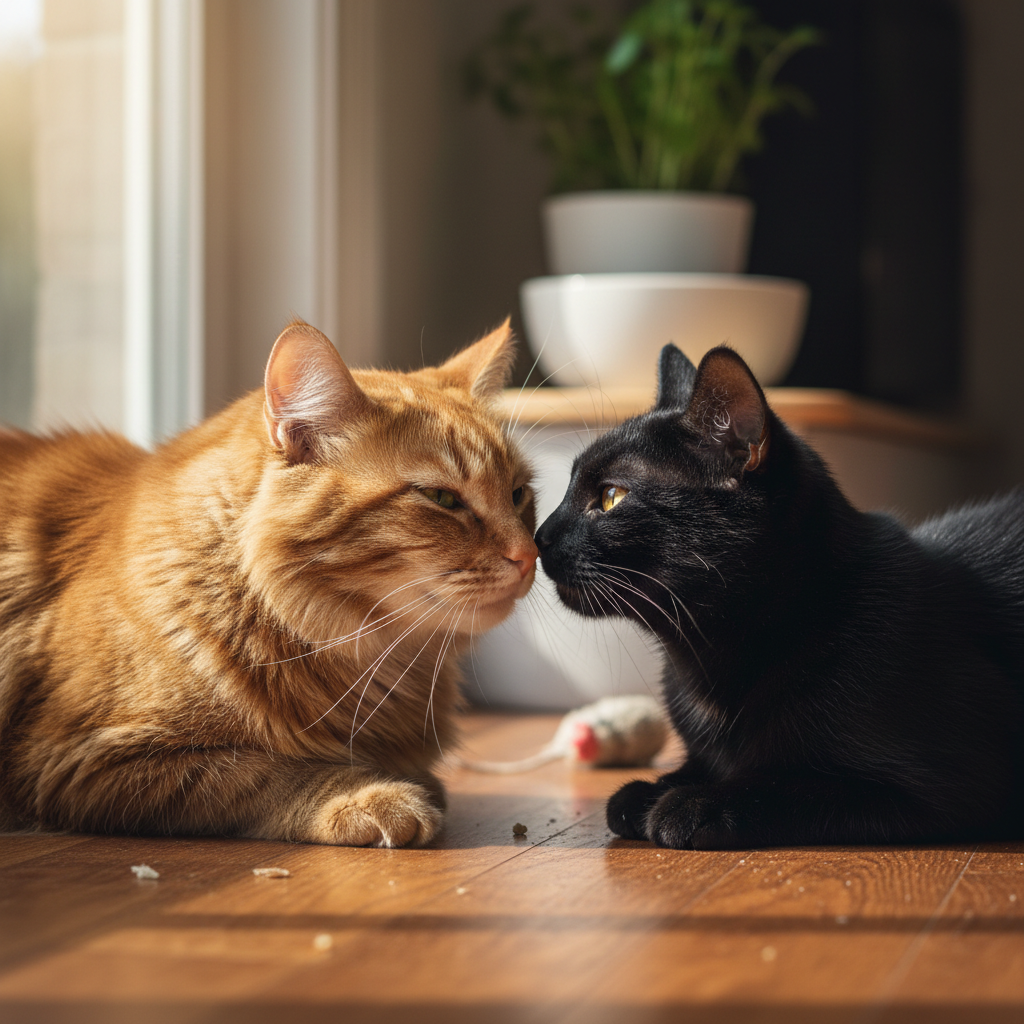 Ptolemy and Rue nose-to-nose on a kitchen floor in early morning light