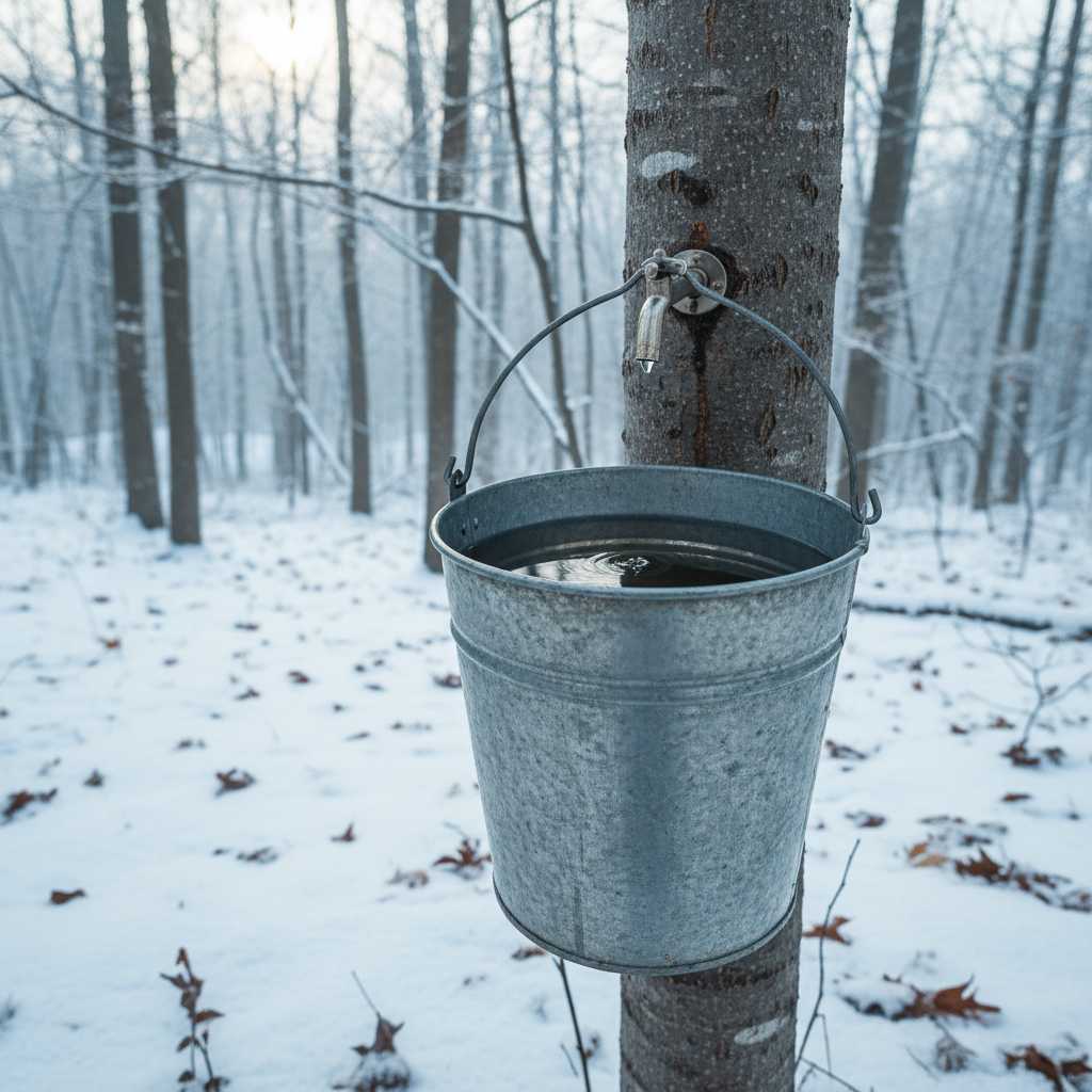 Galvanized metal bucket hanging from a maple tap, partially filled with clear sap, snow on the ground