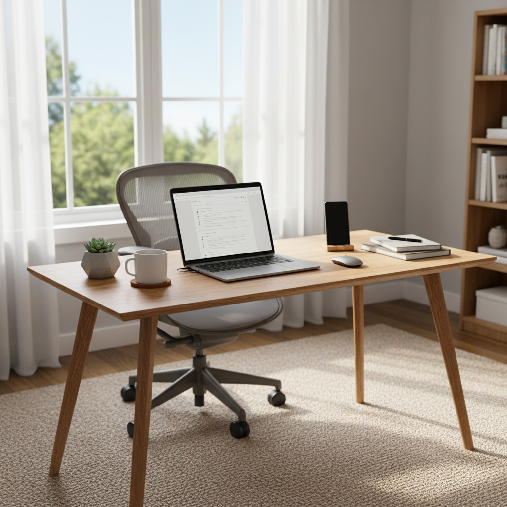 Professional working at computer in bright modern home office, clean desk setup, organized workspace, daylight streaming in