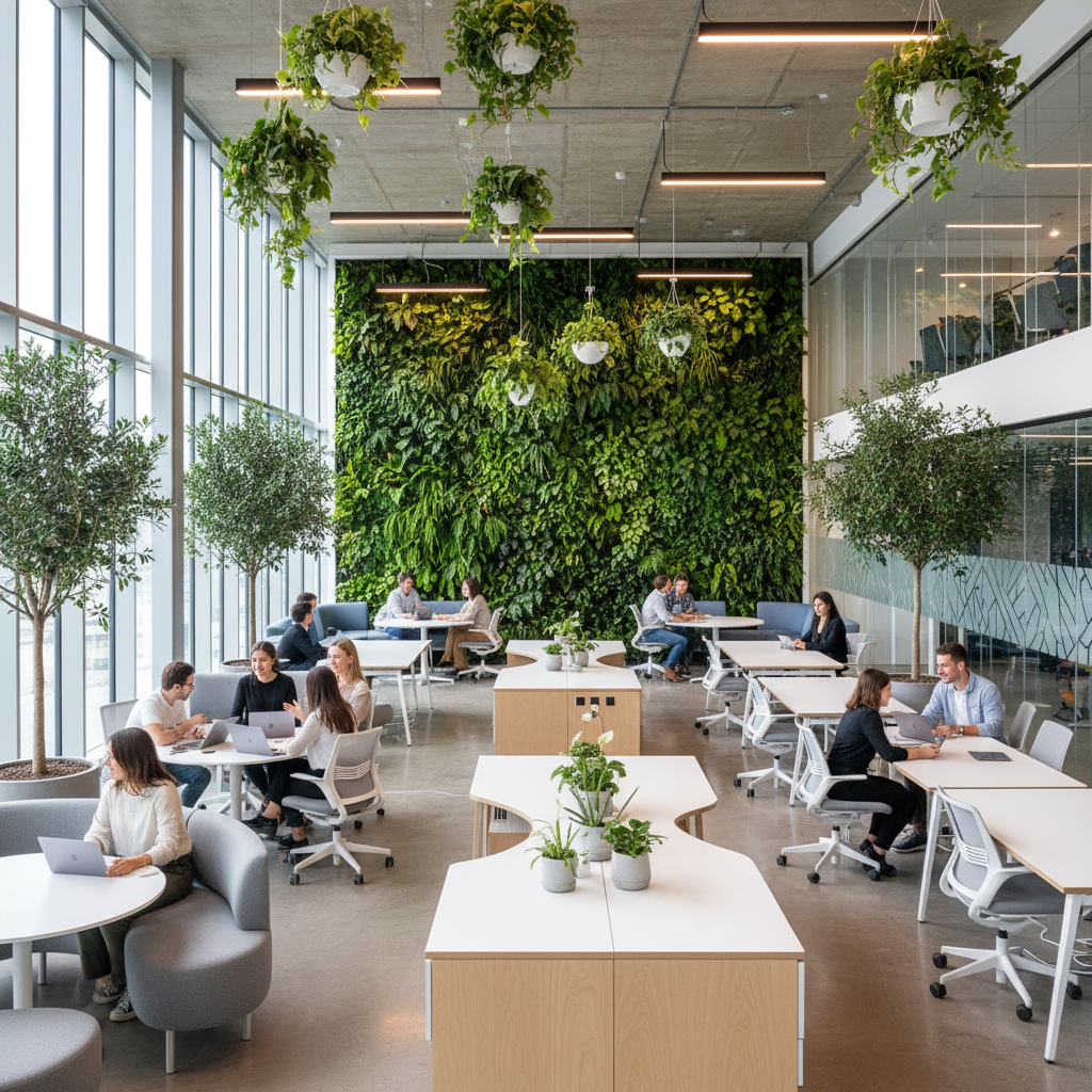 Large modern tech office with open collaborative spaces, natural light, and ergonomic design
