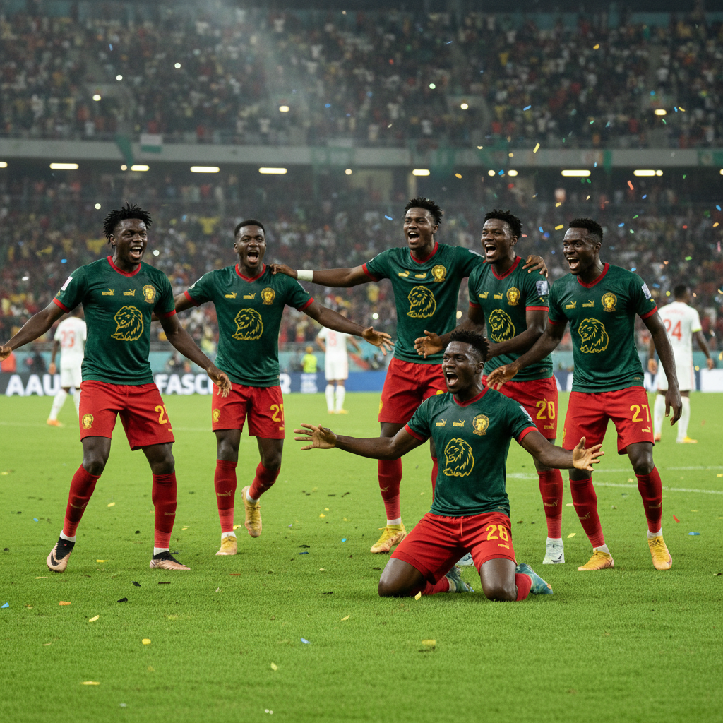 African football players celebrating a goal on the pitch