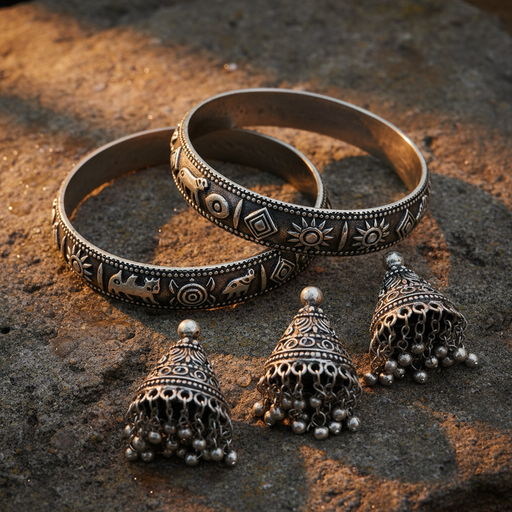 Oxidised silver jewellery collection - dark antique finish silver rings and earrings