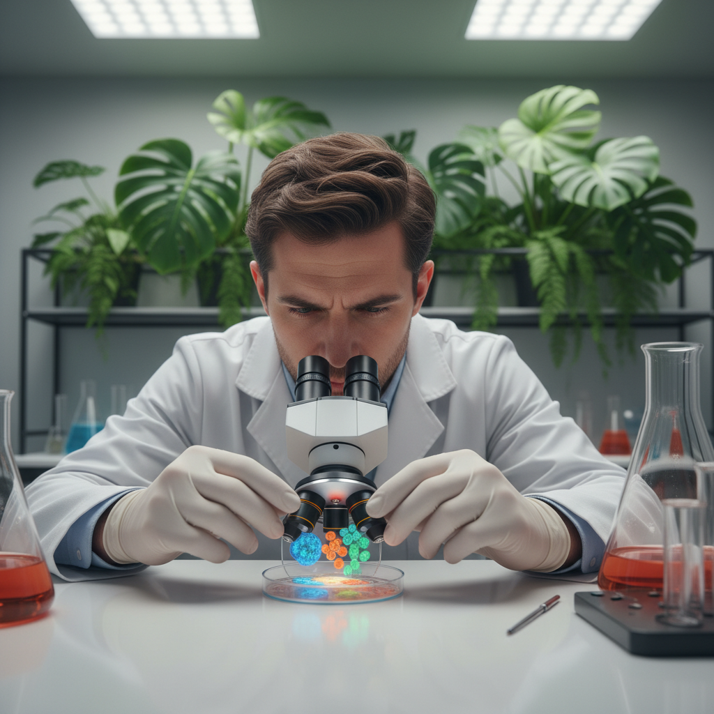 Biology microscope slides with bright airy laboratory setting, natural light, green plants visible