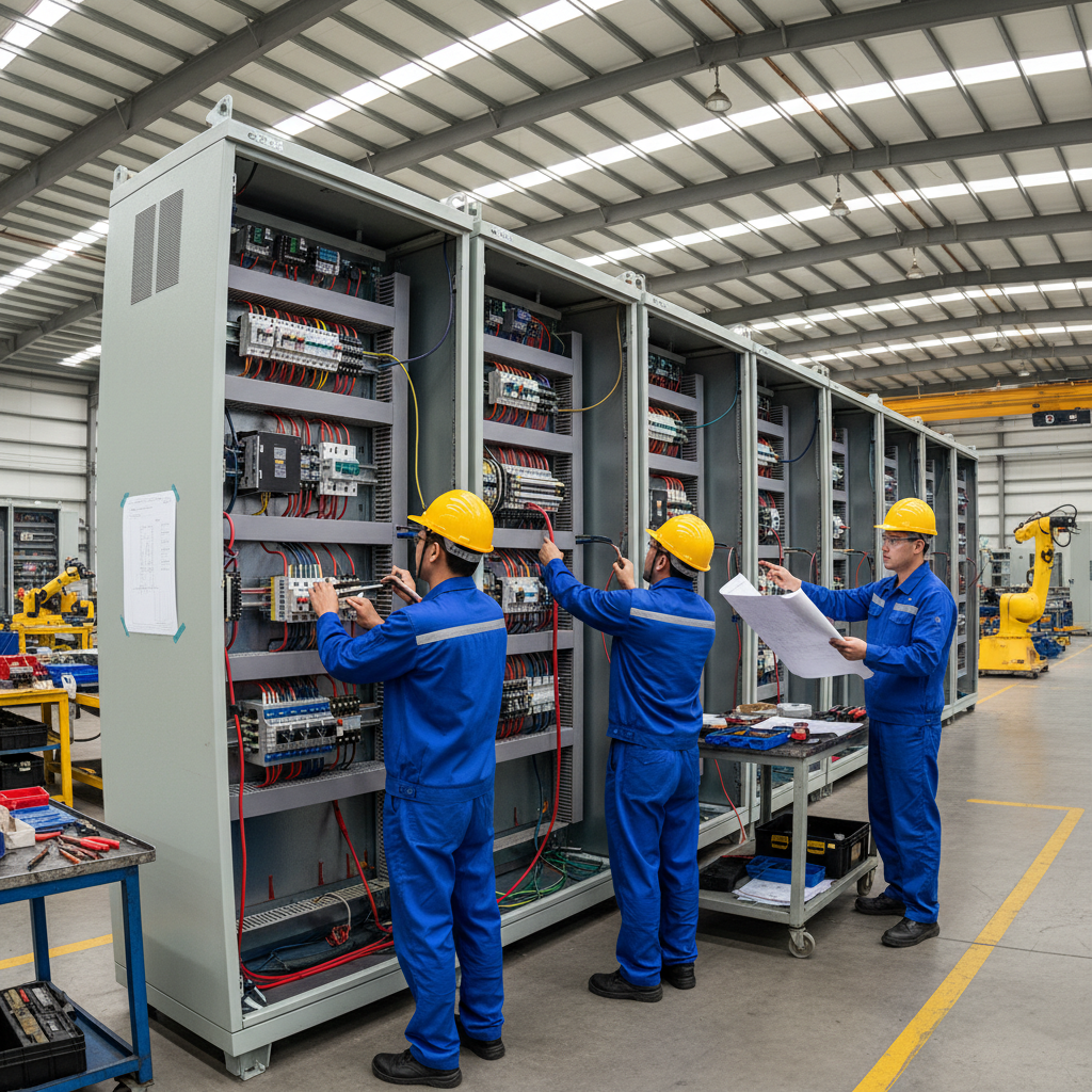 eCube Projects manufacturing facility with engineers assembling large electrical switchgear panels on factory floor
