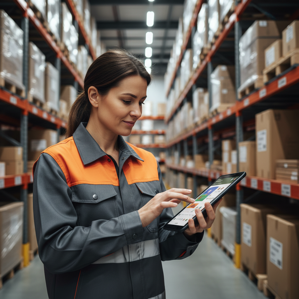 Modern logistics warehouse with autonomous vehicles, AI-powered route optimization displays, workers using tablets for inventory management, and real-time tracking systems