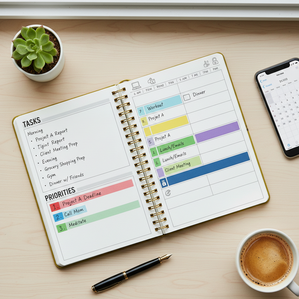 Open planner with handwritten timeline notes and a clean desk with coffee and organized materials