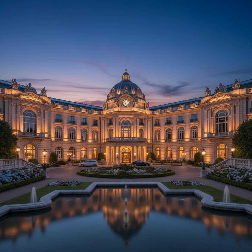 Luxury hotel exterior at dusk with illuminated facade, modern architecture, grand entrance