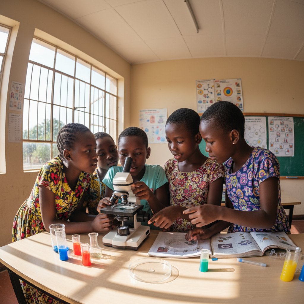 Young girls working together on STEAM project with laptops and robotics equipment in modern classroom