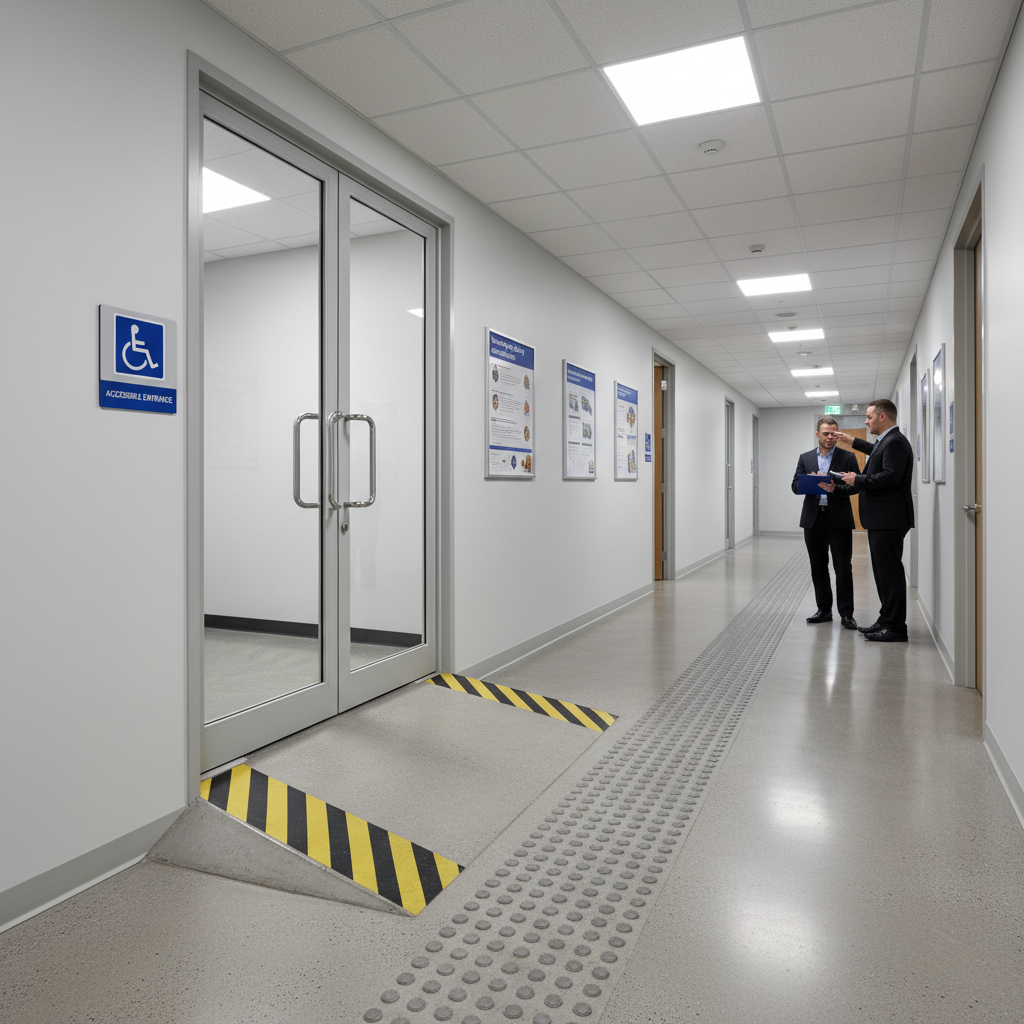 Commercial office corridor with accessibility features, ramp grades, door clearances, and signage under compliance inspection