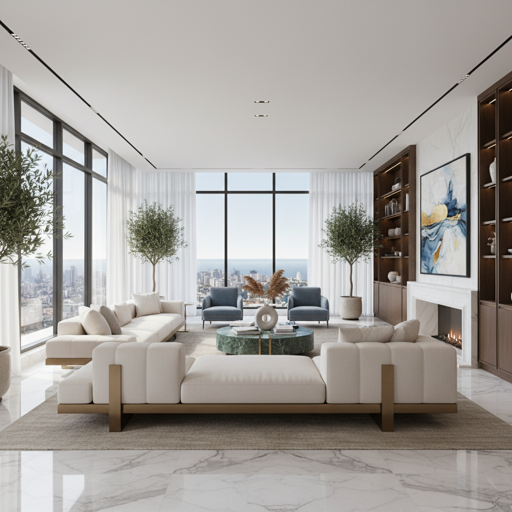 Expansive modern penthouse living area with floor-to-ceiling windows, bright interiors, and contemporary decor