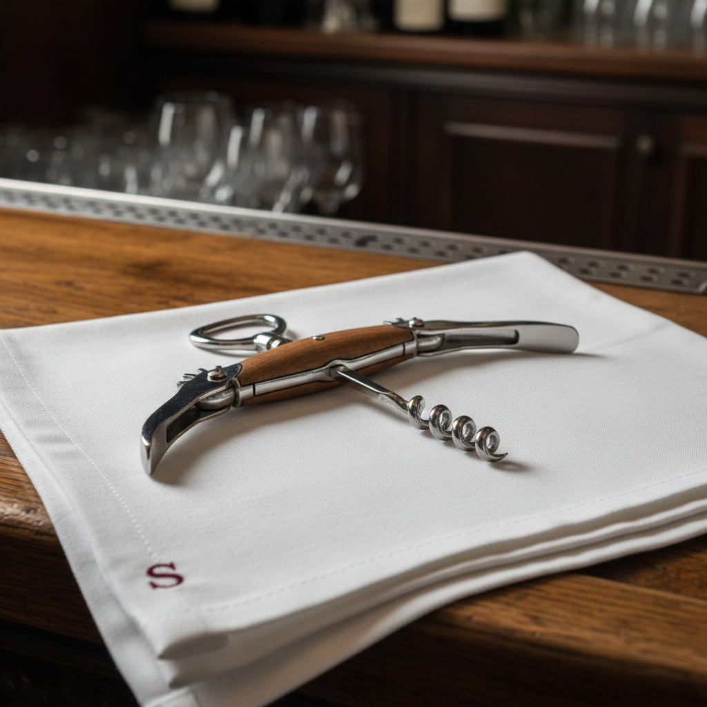 Sommelier wine key resting on a folded white apron