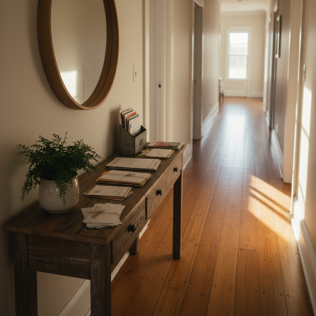 Sunlit hallway with mail sorted neatly on a wooden side table