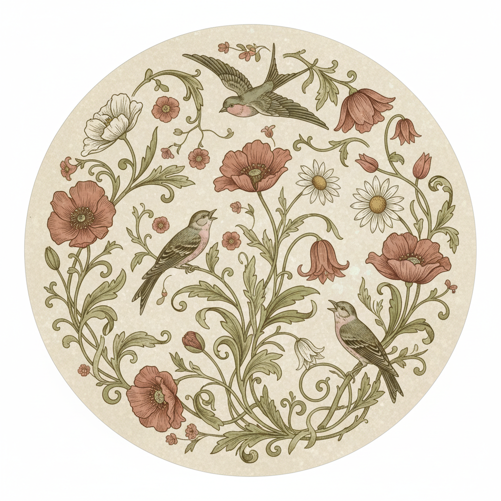 Vibrant botanical illustration with pressed flowers and leaves arranged in circular mandala pattern