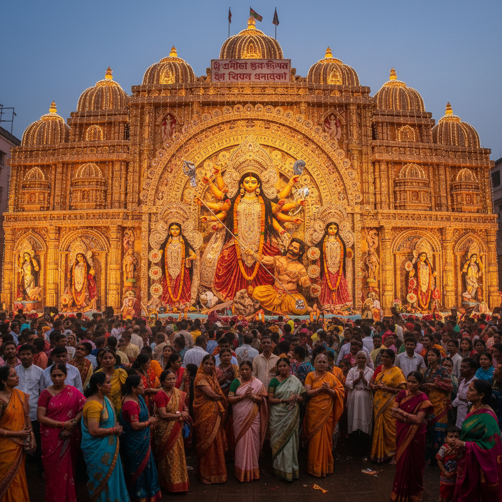 Durga Puja golden idol illuminated by warm festival lights in atmospheric dark pandal setting