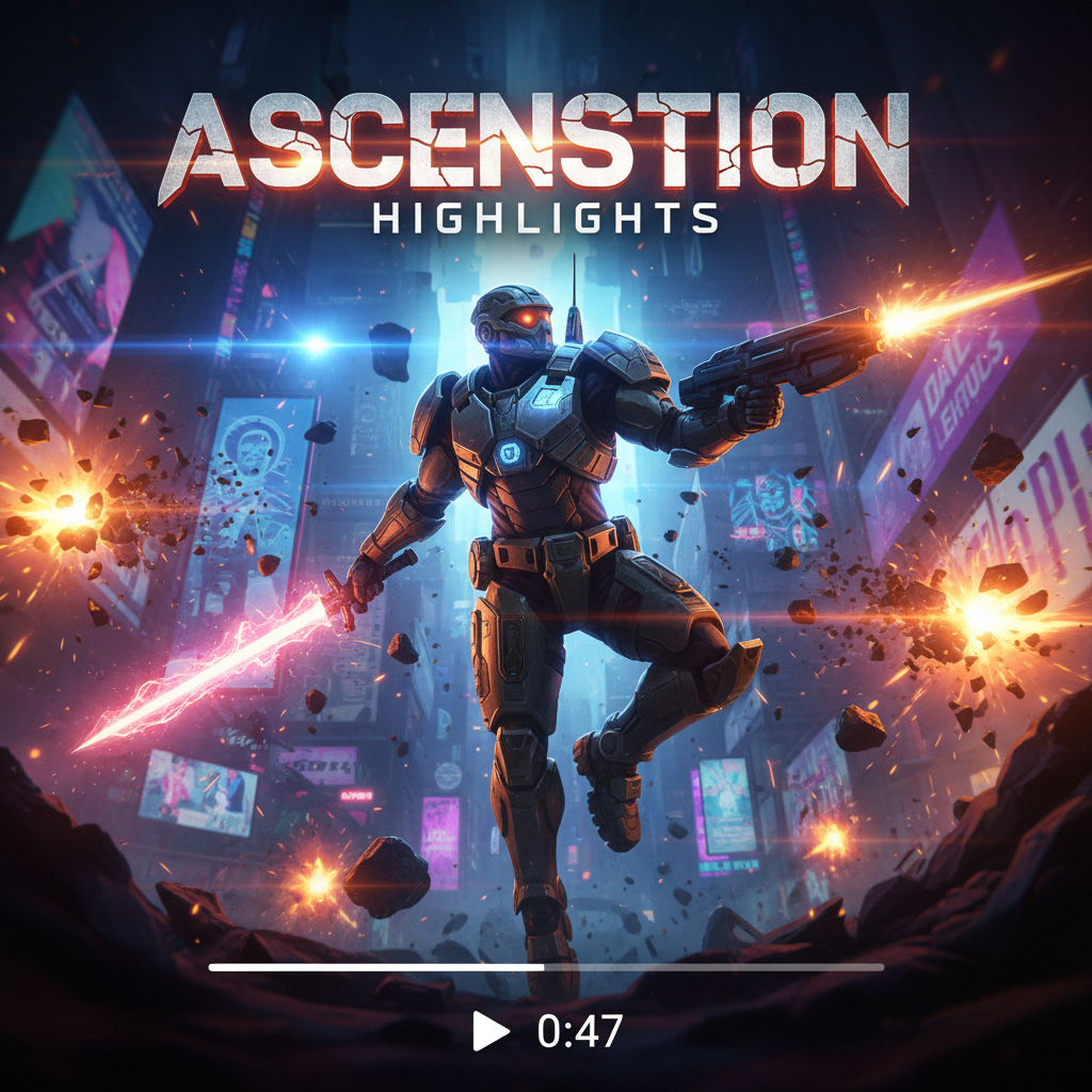Cinematic highlight reel thumbnail with dramatic color grading and gaming action shot