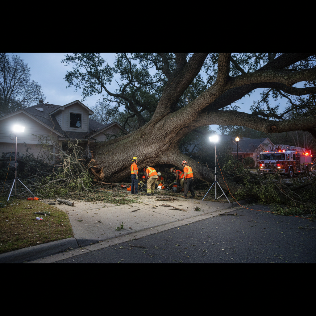 Massive fallen oak tree across residential driveway at night with emergency crew working under floodlights