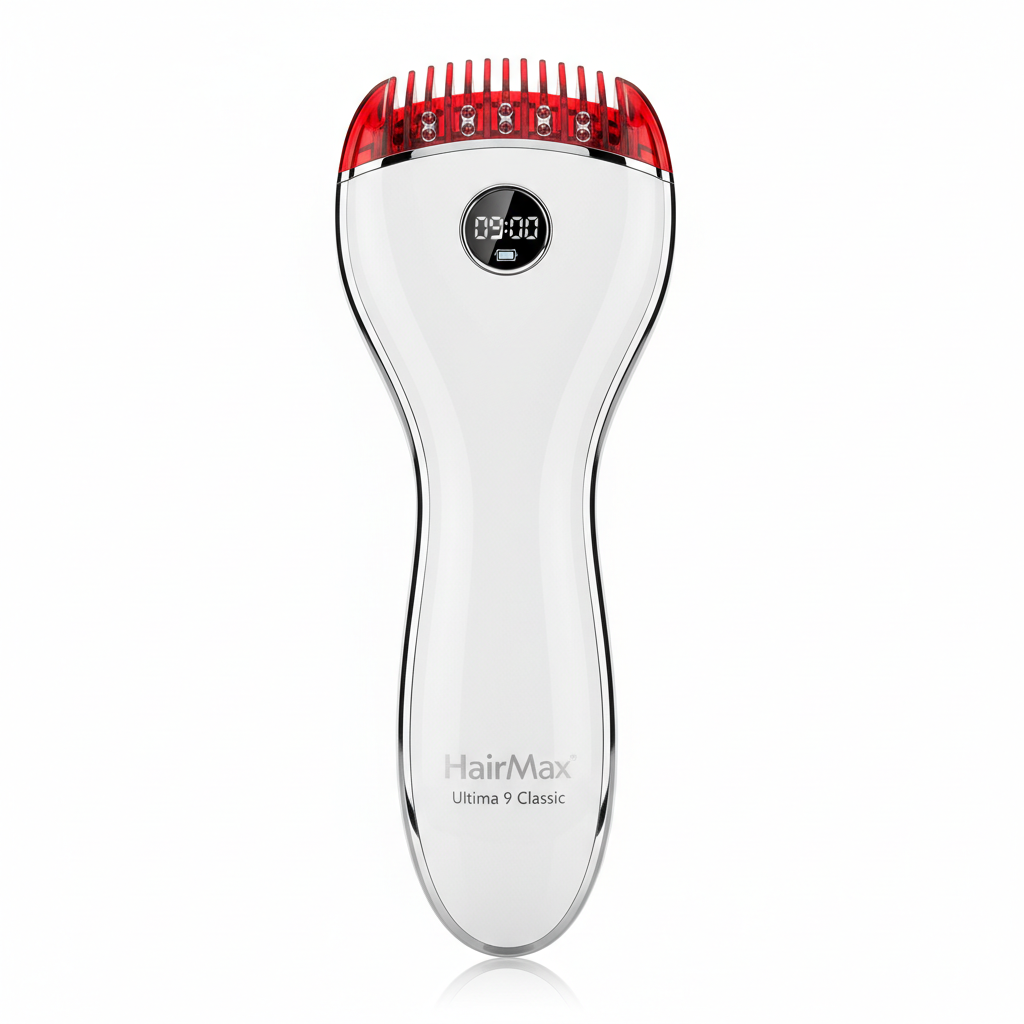 HairMax hair growth laser device brand — clinical white background, professional hair care product photography, FDA-cleared device