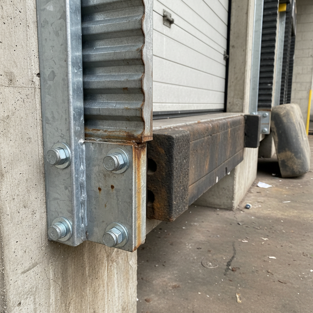 Close-up of galvanized steel track assembly with bolt connections on industrial loading dock door