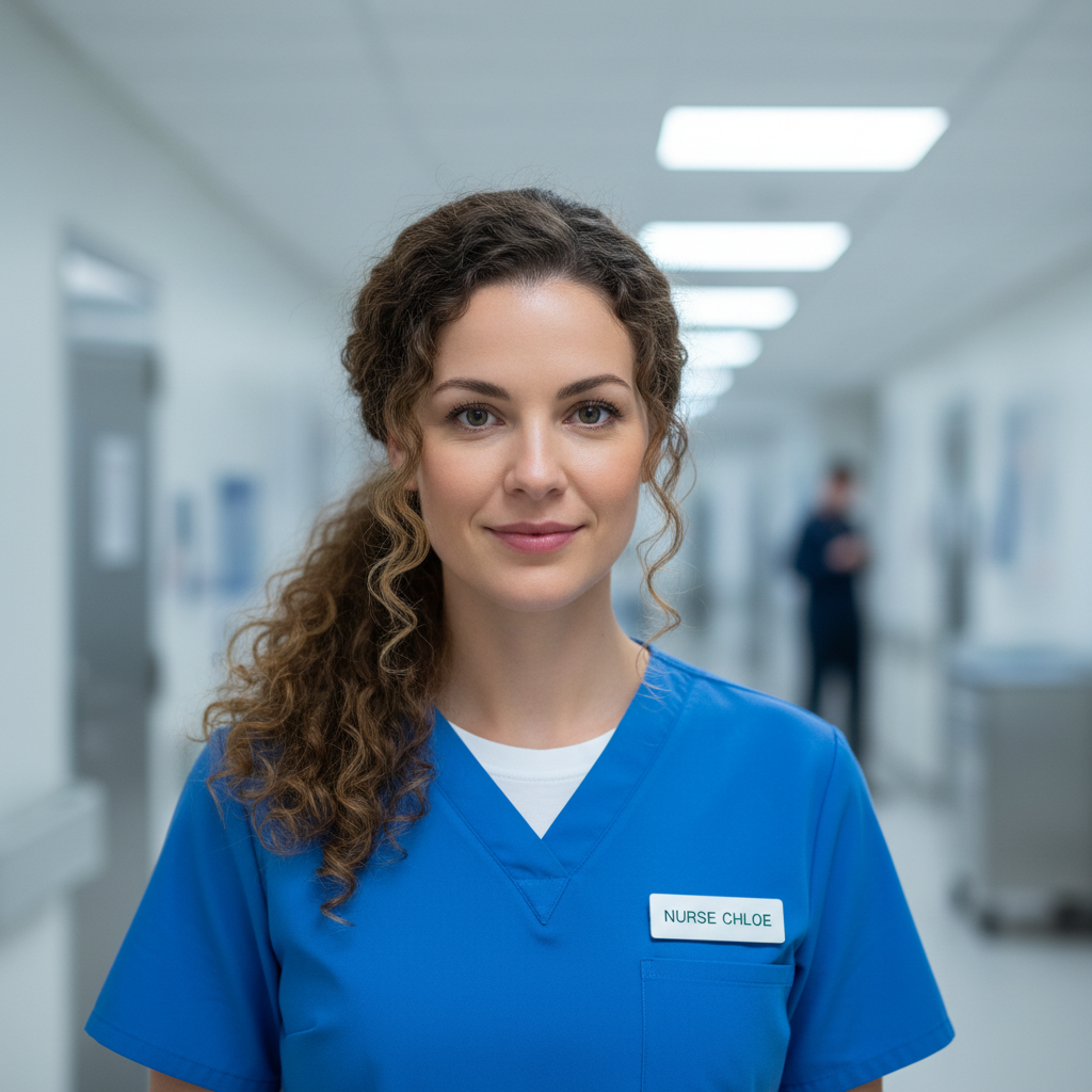 Smiling woman with natural hair in professional attire, care worker