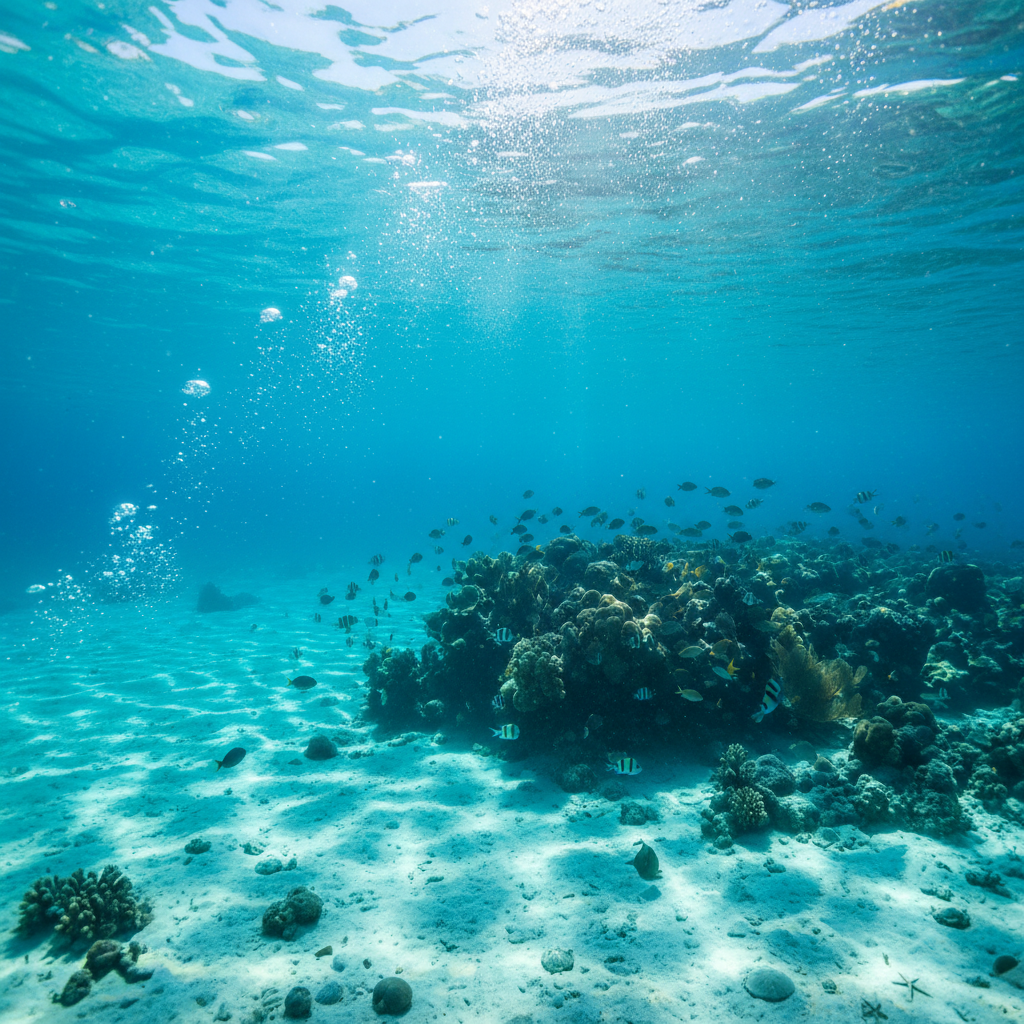 Deep blue ocean surface viewed from underwater, rays of sunlight filtering through clear tropical water
