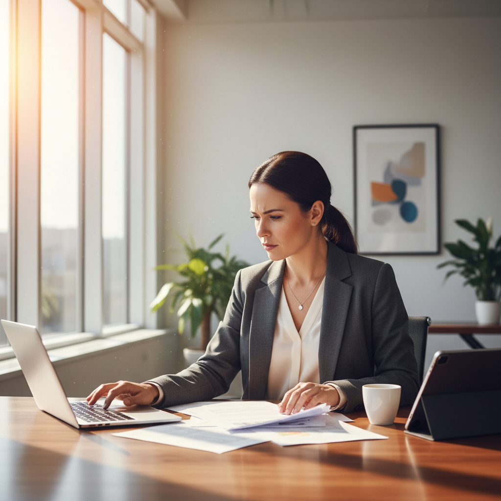 Priya Sharma, professional woman working on laptop in a bright modern workspace