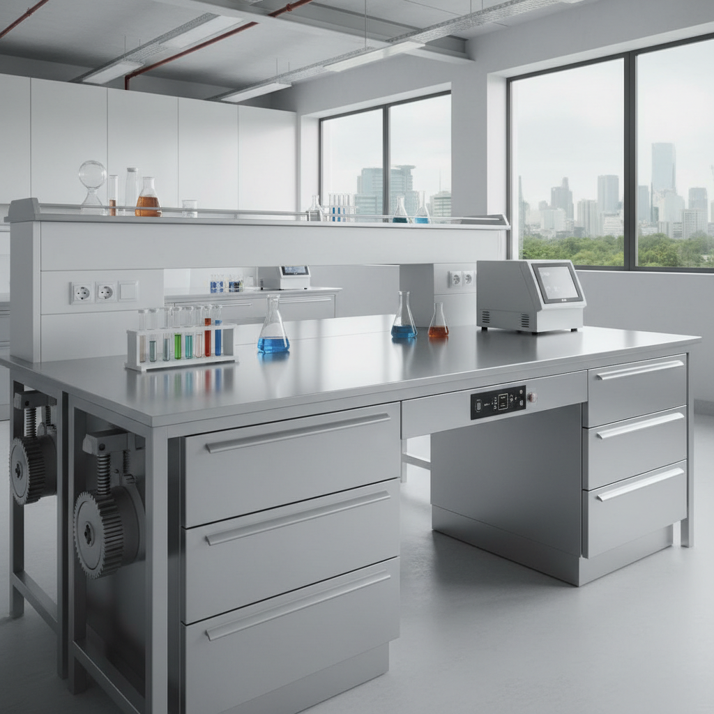 Product brief document with technical specifications on a stainless steel lab bench