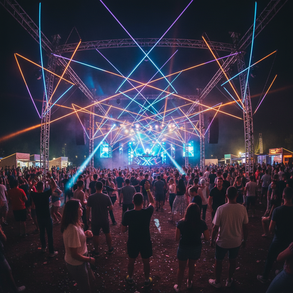 Vibrant colorful music festival stage, dark night background, electric atmosphere