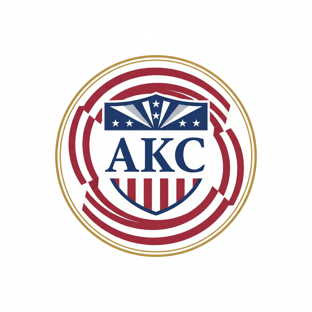 AKC logo with red, white and blue circular emblem