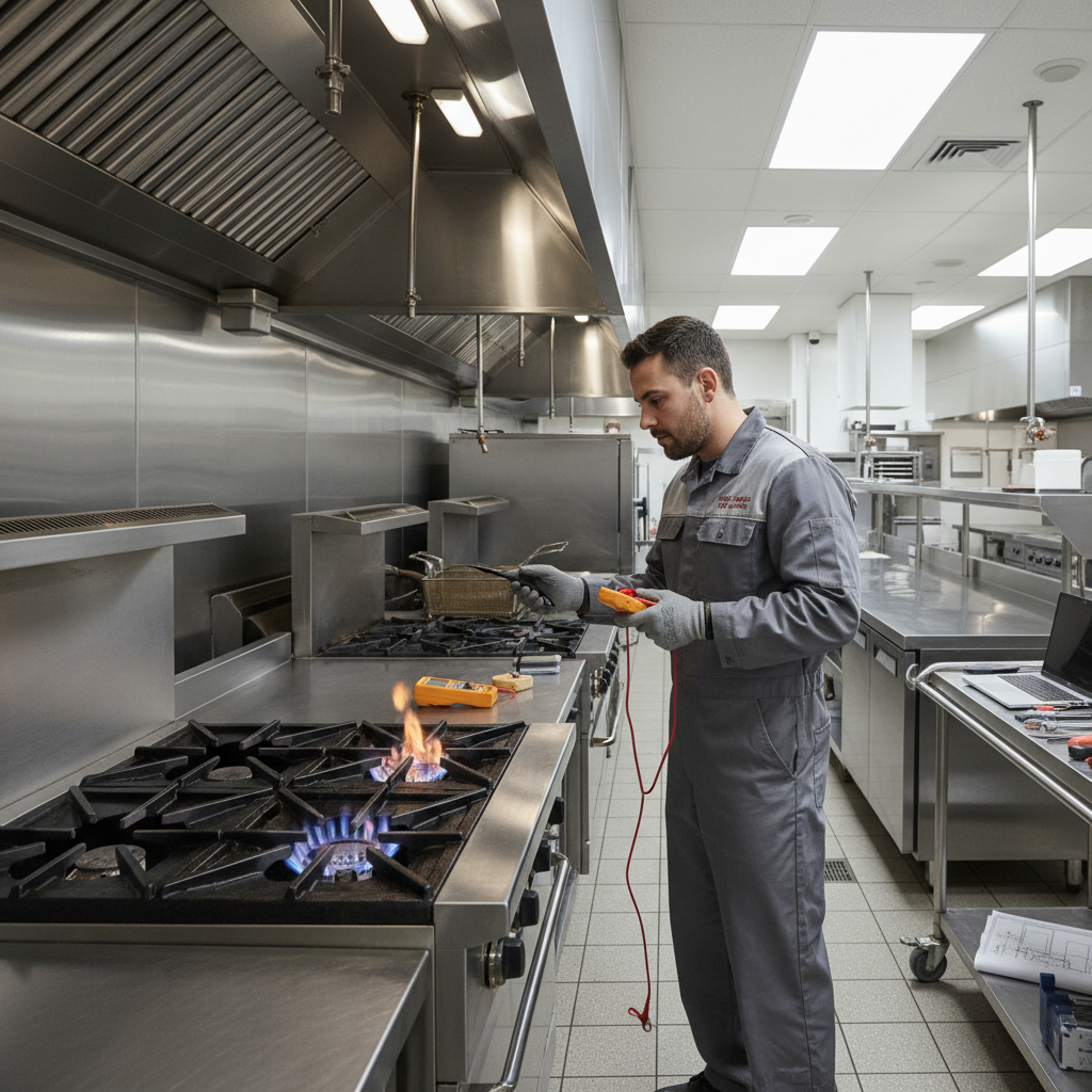 Commercial kitchen technician repairing a six-burner range with diagnostic equipment, blue flame reigniting, stainless steel kitchen line visible in background