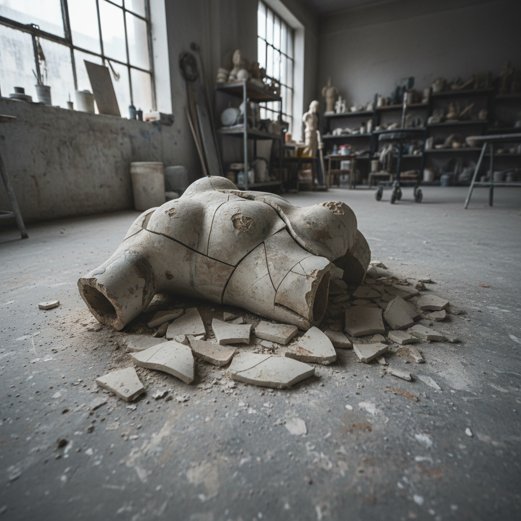 Cracked and broken ceramic sculpture on a studio floor, scattered fragments