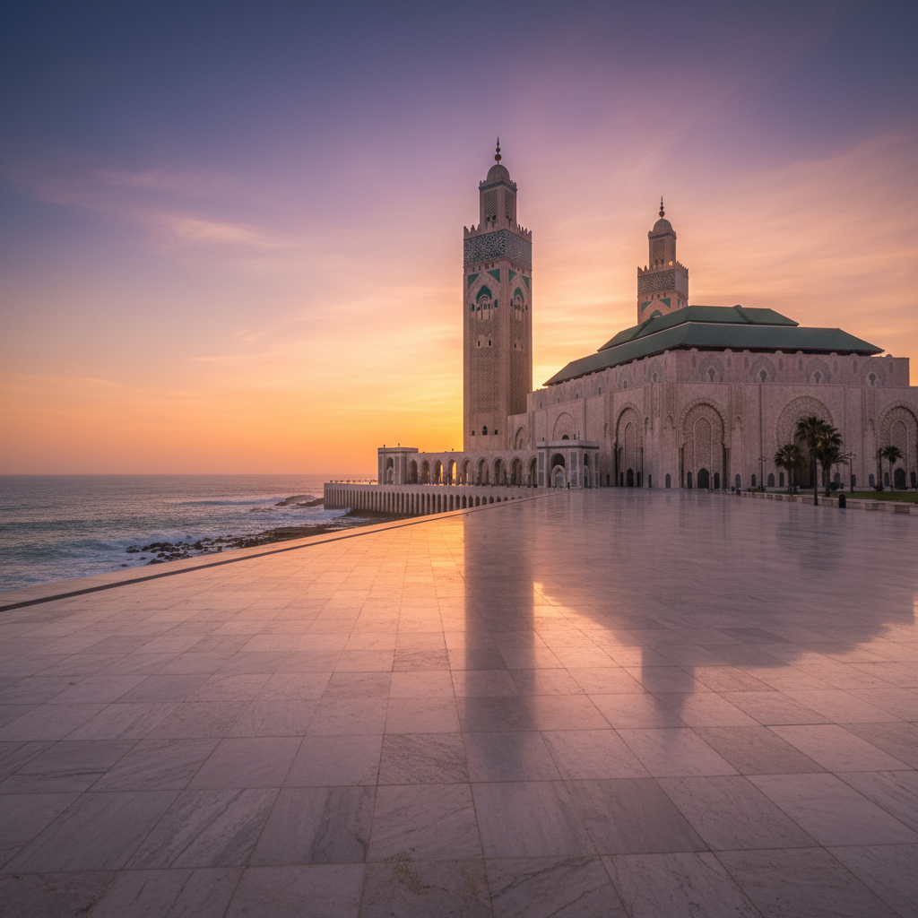 Hassan II Mosque Casablanca exterior — grand marble terrace, intricate carved facade, Atlantic Ocean visible below, dramatic sunset sky