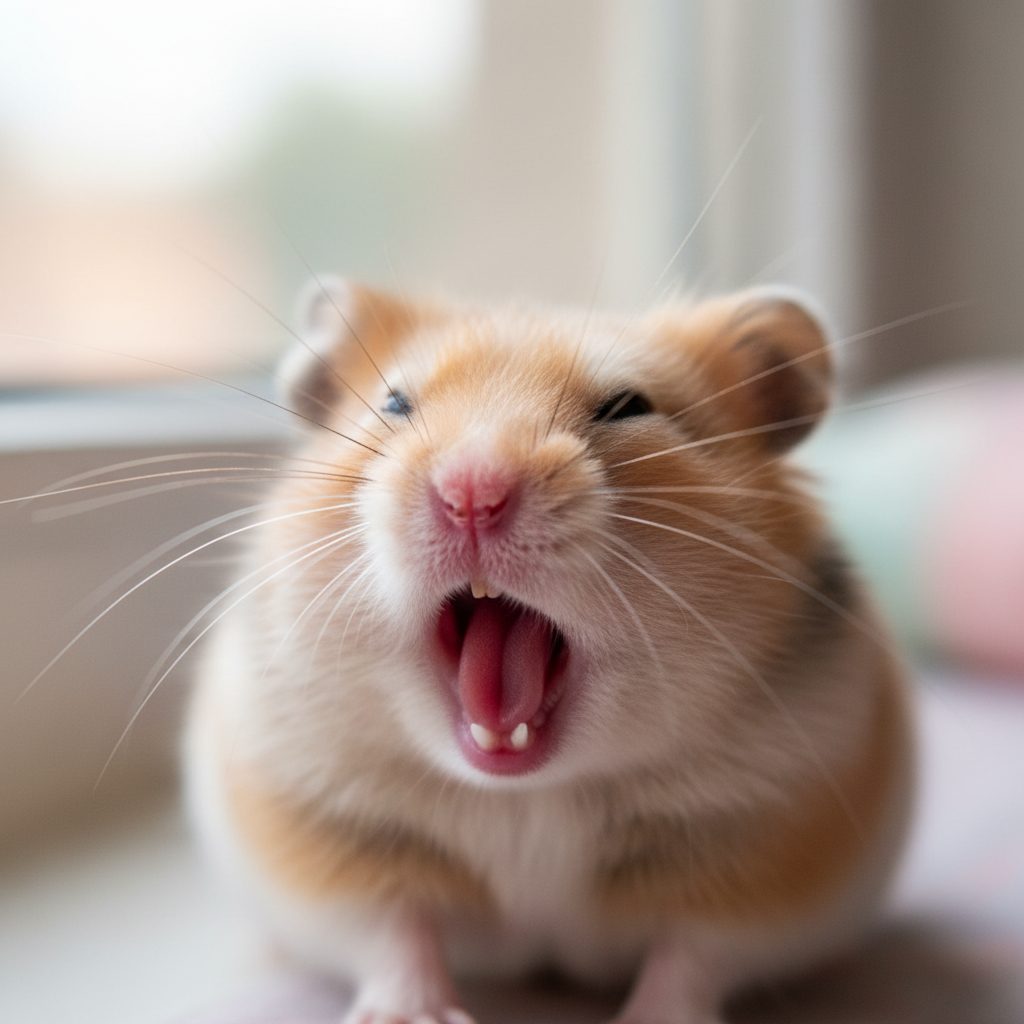 Hamster Peanut Butter mid-yawn, tiny pink mouth wide open, whiskers splayed dramatically