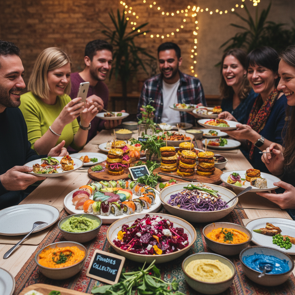 Friends laughing around a table full of colorful dishes, warm evening light, genuine joy