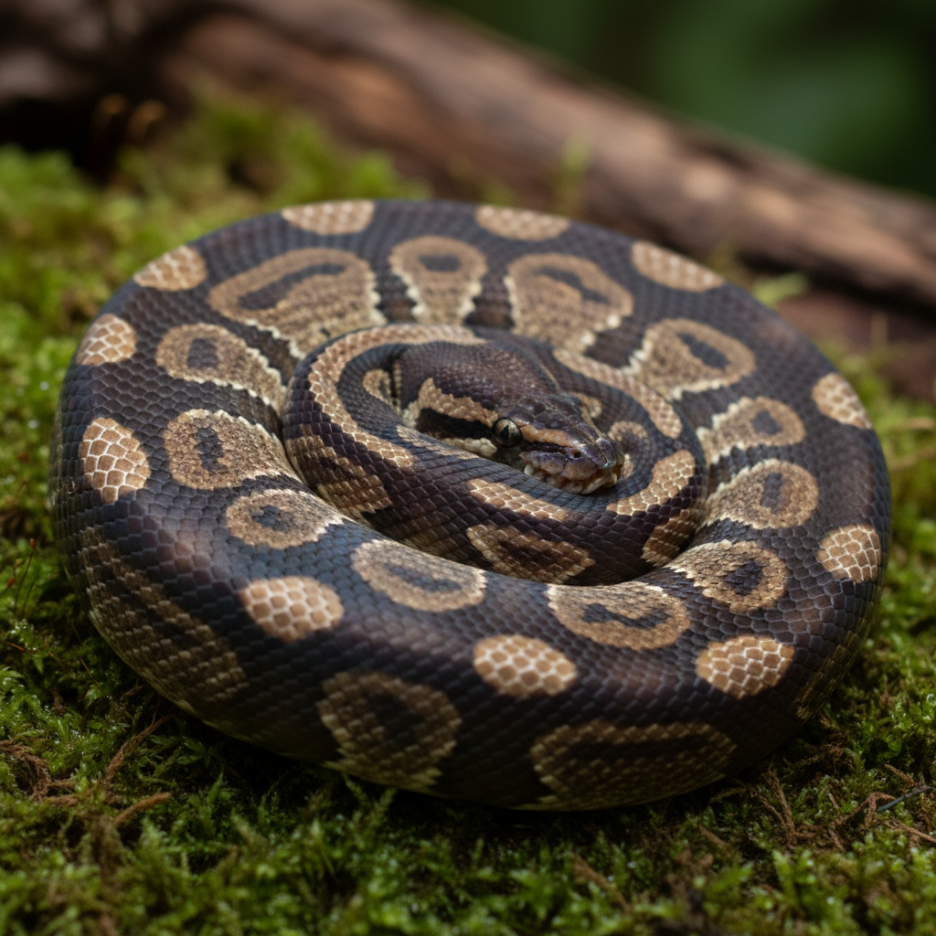 Dark brown mojave ball python with faded pattern highlights curled on green moss