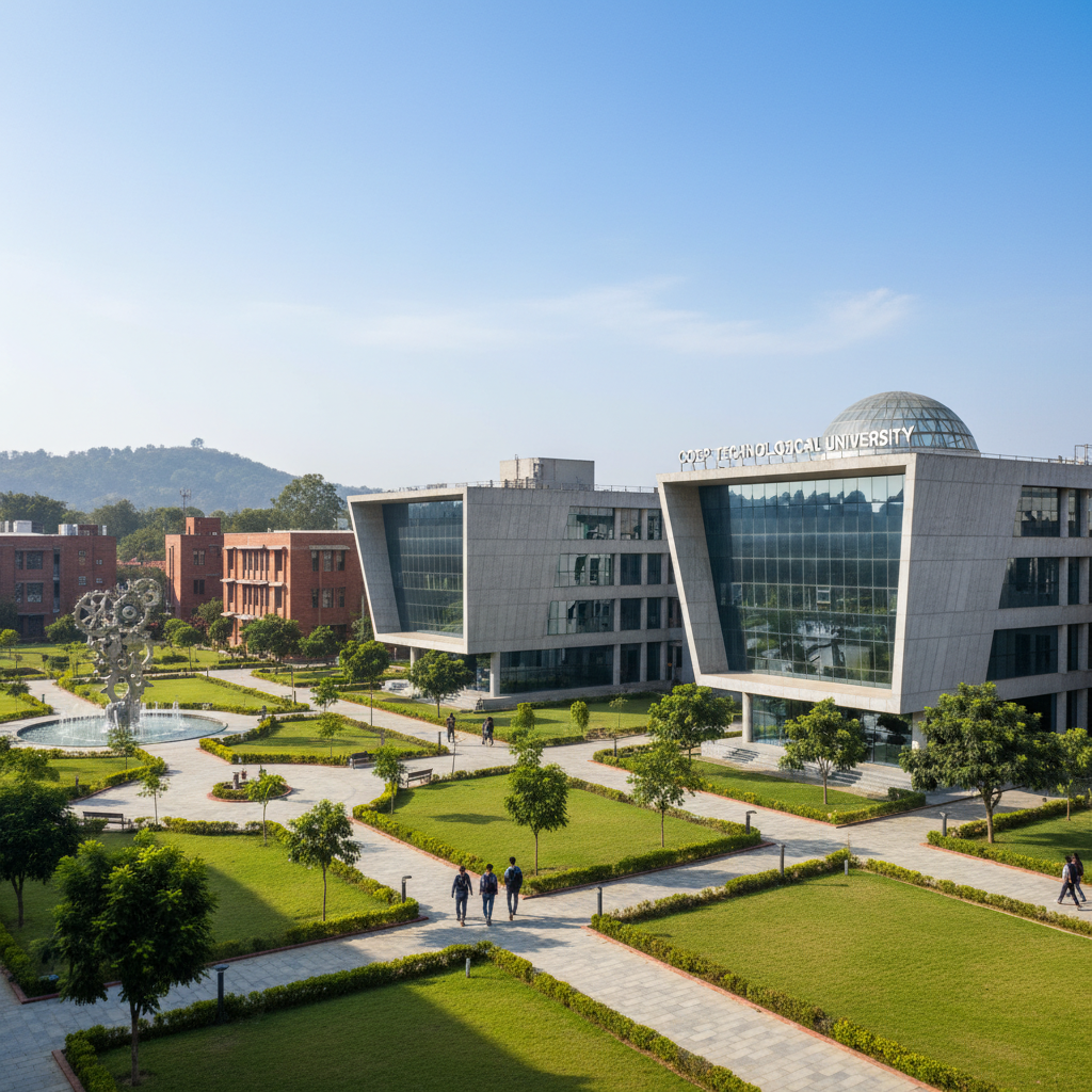 Modern university campus with contemporary architecture, blue sky, green landscaping
