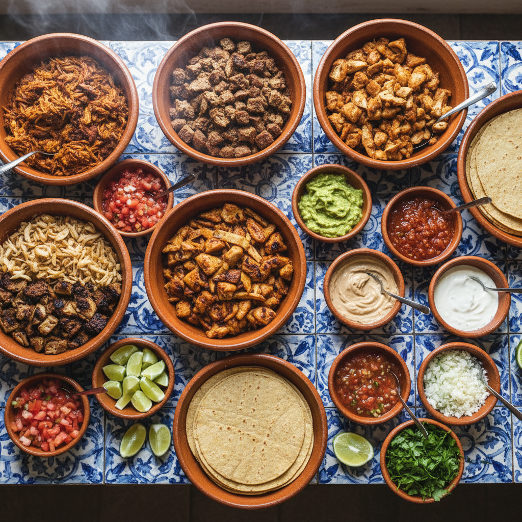 Overhead catering taco bar spread with assorted proteins, salsas in clay bowls, and warm tortillas on hand-glazed tile surface
