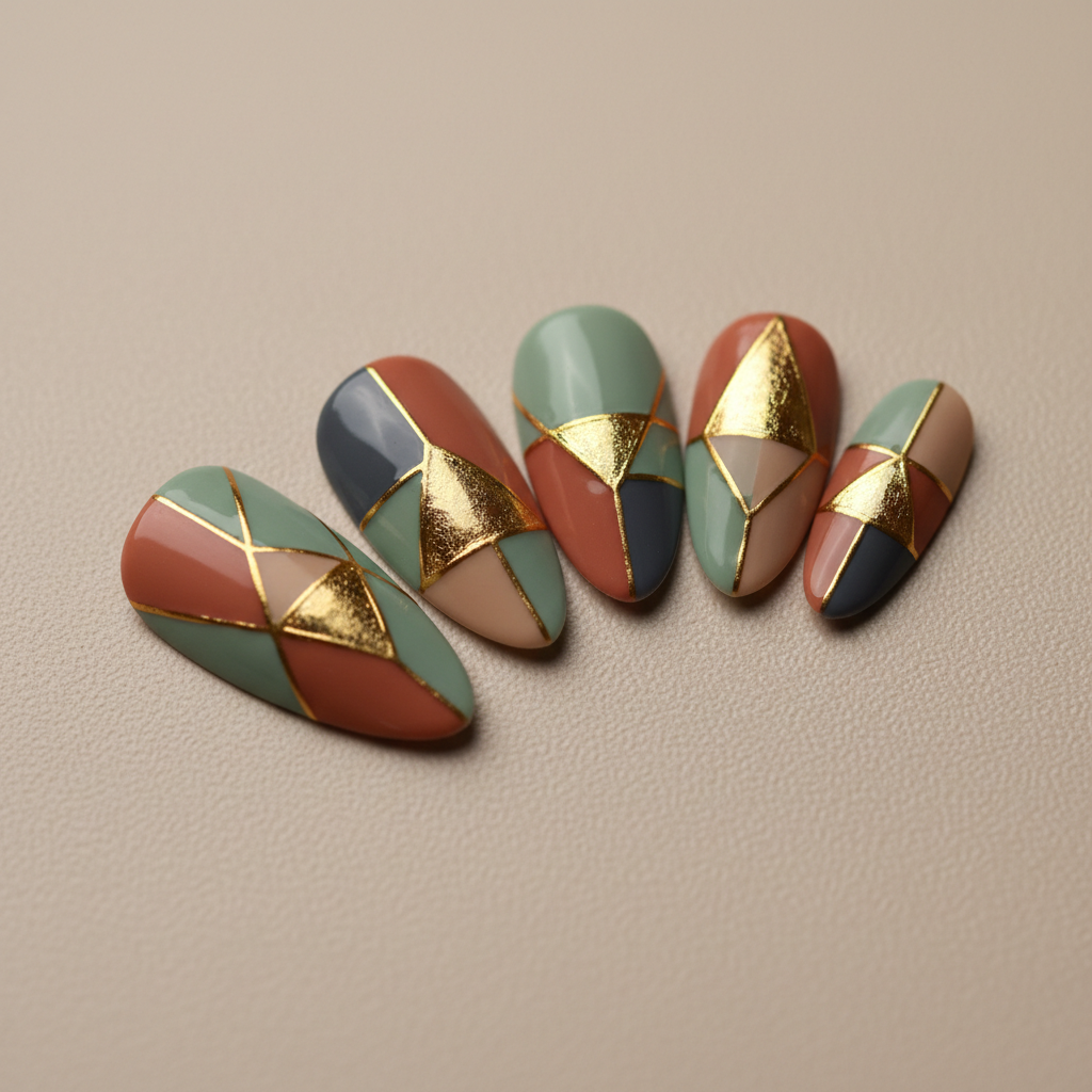 Abstract marble nail art with terracotta and gold veining on cream base, warm natural light, clean bright setting