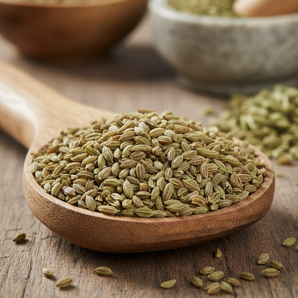 Ajwain carom seeds in wooden spoon showing small ridged seeds with strong aromatic flavor