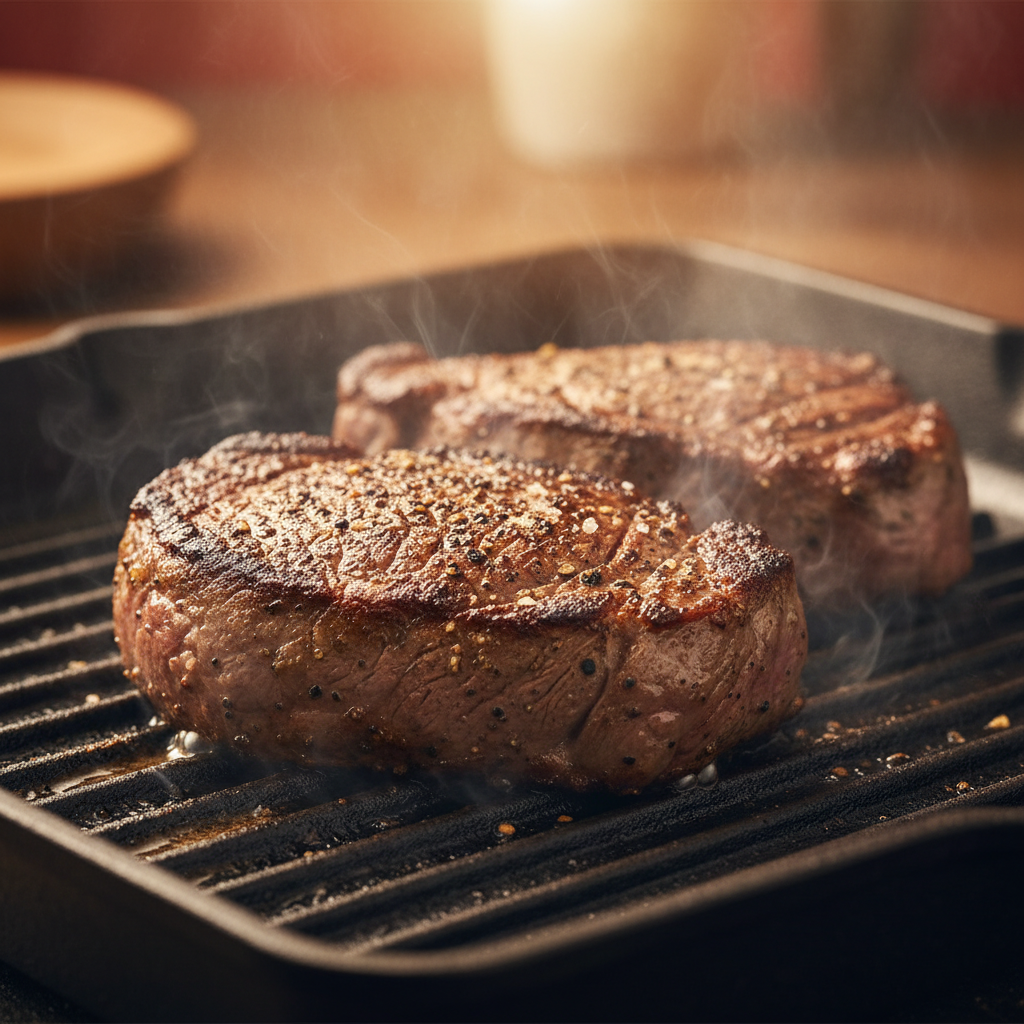 Close-up of sizzling meat on a cast-iron grill with charred edges